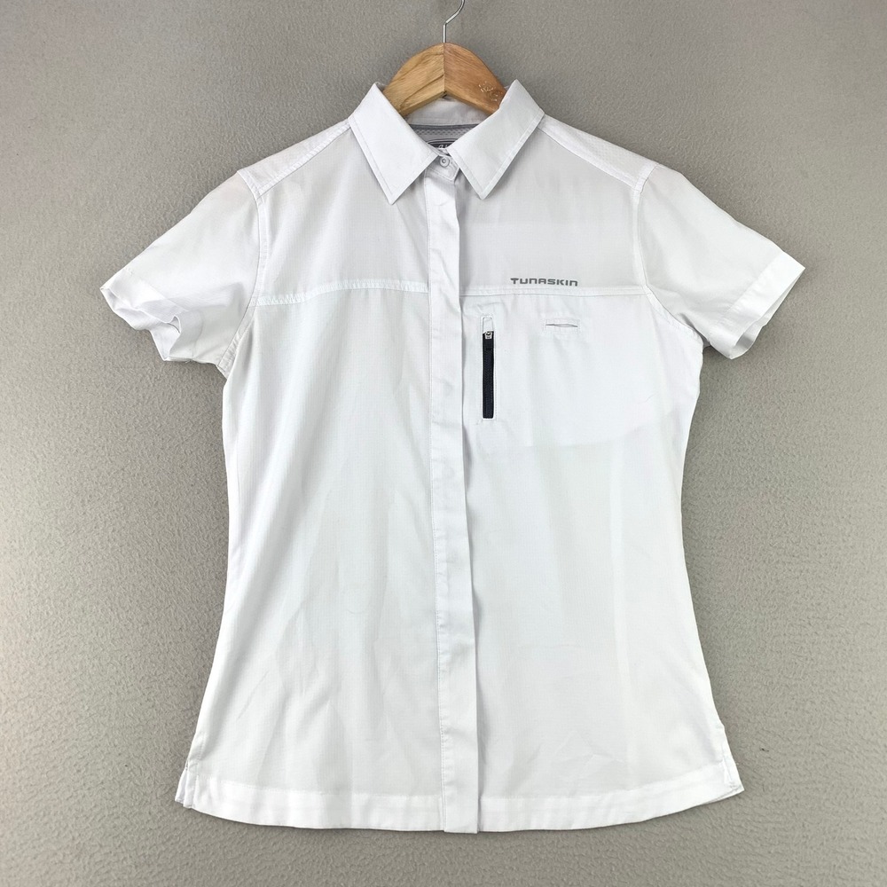 Tunaskin Ahi One Shirt Women S White Fishing Performance Short Sleeve Button